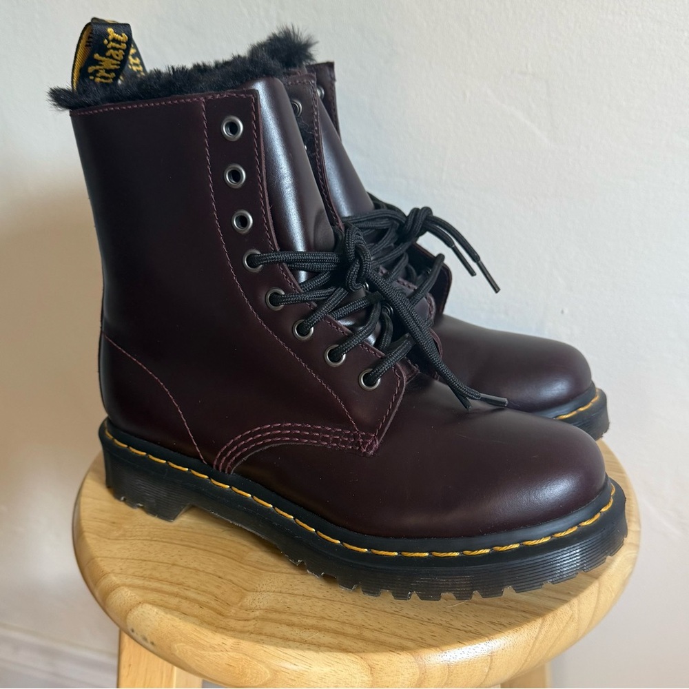 Dr. Martens 1460 Serena Faux Fur Lined Lace Up Boots Oxblood Atlas Cherry Red